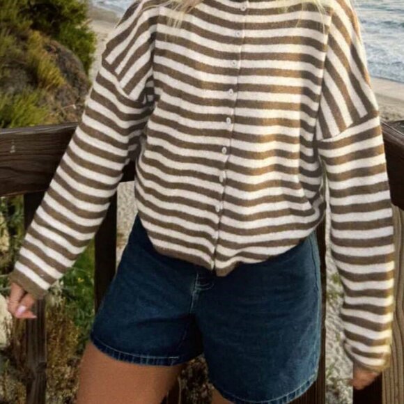 Brown Casual Women's Vivid Style Street Striped Knit Cardigan sweater - Picture 2 of 7